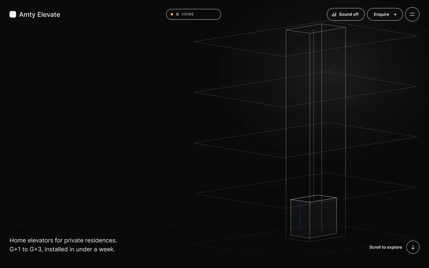 Amty Elevate homepage hero with a 3D lift shaft rendered in WebGL