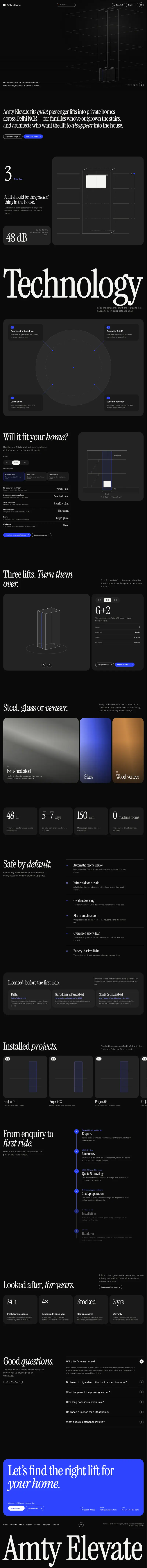 Amty Elevate dark homepage design with a 3D lift shaft and installed projects