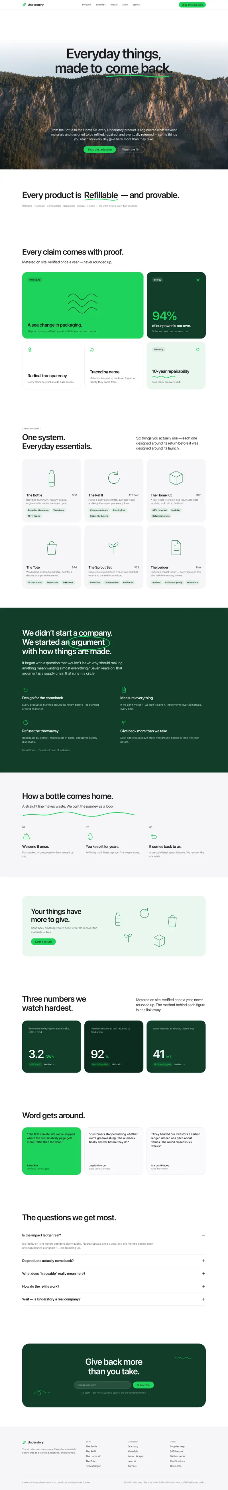 Understory homepage design with a forest hero and green proof bento