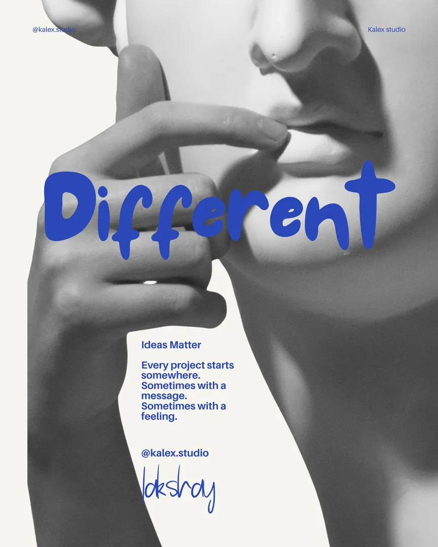 Different in blue bubble lettering over a black and white close-up of a hand at the lips, with the note Ideas Matter
