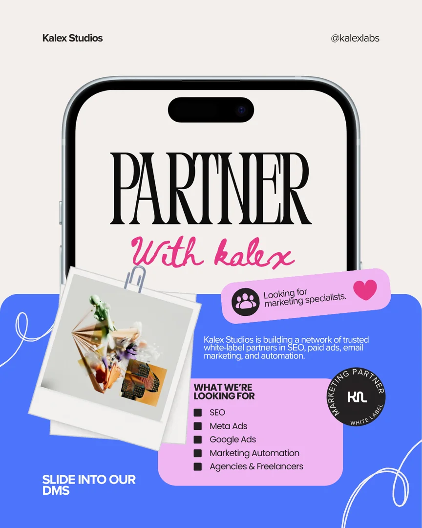 Partner with Kalex, a recruitment post for marketing specialists shown on an iPhone